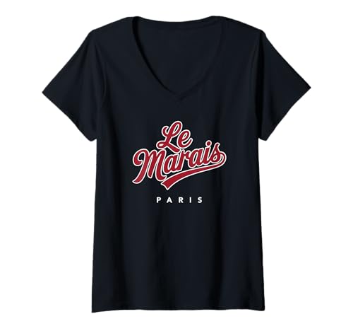 Damen Le Marais Paris Schrift rot mit weißem Umriss T-Shirt mit V-Ausschnitt von Desert Merch Paris France Shop