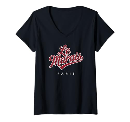 Damen Le Marais Paris Script Rot mit weißen Umrissen, Used-Look T-Shirt mit V-Ausschnitt von Desert Merch Paris France Shop