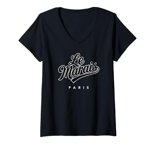 Damen Le Marais Paris Script Schwarz mit weißen Umrissen, Used-Look T-Shirt mit V-Ausschnitt von Desert Merch Paris France Shop