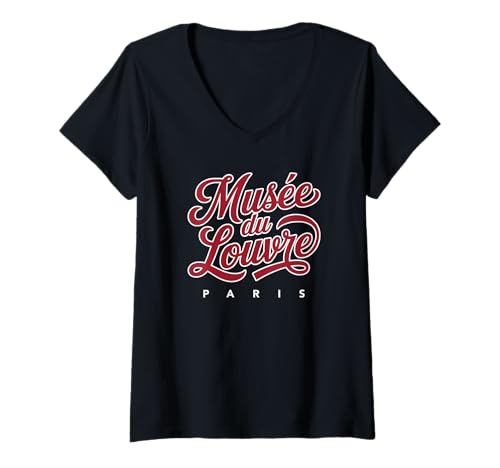 Damen Musée du Louvre Paris Schrift rot mit weißem Aufdruck T-Shirt mit V-Ausschnitt von Desert Merch Paris France Shop