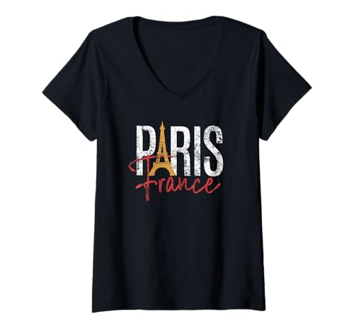 Damen Paris Frankreich Eiffelturm Script Distressed Print T-Shirt mit V-Ausschnitt Damen Paris Frankreich Eiffelturm Script Distressed Print T-Shirt mit V-Ausschnitt von Desert Merch Paris France Shop