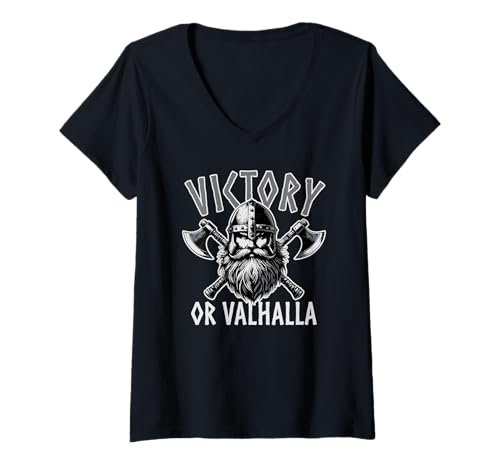 Damen Viking Victory oder Valhalla gekreuzte Äxte T-Shirt mit V-Ausschnitt von Desert Merch Viking Shop