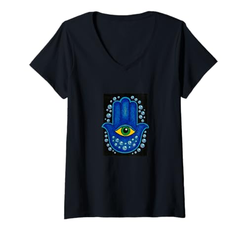 Damen Vintage Hamsa Hand Auge Gottes Schutzsymbol T-Shirt mit V-Ausschnitt Damen Vintage Hamsa Hand Auge Gottes Schutzsymbol T-Shirt mit V-Ausschnitt von Desert Spirit Lab Arts