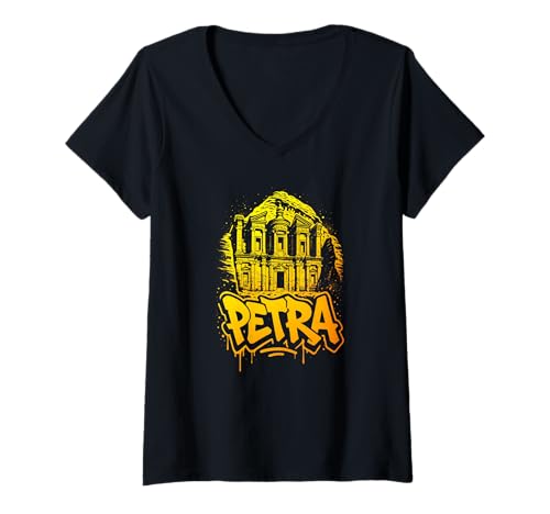 Damen Petra Graffiti Wahrzeichen Kunstwerk T-Shirt mit V-Ausschnitt von Desert Street