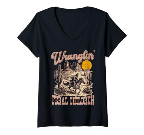 Damen Wranglin' Feral Children - Lustige Eltern oder Lehrer T-Shirt mit V-Ausschnitt von Desert Wranglers Joke