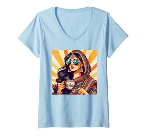 Damen Indisches Mädchen Indian Masala Chai Bollywood Treffen Sie Mich in Indien T-Shirt mit V-Ausschnitt von Desi Girl Meet Me In India Funny Indian