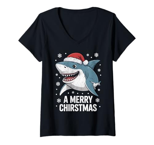 Damen Lustige Hai-Weihnachtsmütze mit Aufschrift A Merry Christmas T-Shirt mit V-Ausschnitt von Design A Merry Christmas Funny Shark Santa Hat