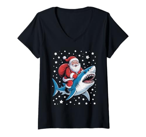 Damen Lustiger Weihnachtsmann reitender Hai Weihnachten T-Shirt mit V-Ausschnitt Damen Lustiger Weihnachtsmann reitender Hai Weihnachten T-Shirt mit V-Ausschnitt von Design Funny Santa Riding Shark Christmas