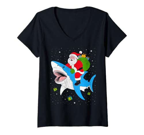 Damen Lustiger Weihnachtsmann reitender Hai Weihnachten T-Shirt mit V-Ausschnitt Damen Lustiger Weihnachtsmann reitender Hai Weihnachten T-Shirt mit V-Ausschnitt von Design Funny Santa Riding Shark Christmas