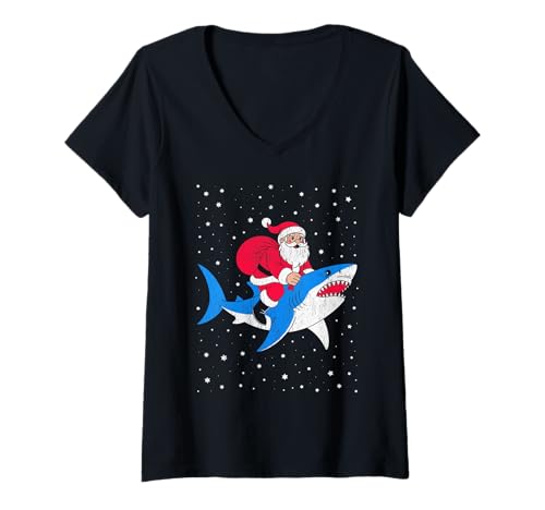 Damen Lustiger Weihnachtsmann reitender Hai Weihnachten T-Shirt mit V-Ausschnitt Damen Lustiger Weihnachtsmann reitender Hai Weihnachten T-Shirt mit V-Ausschnitt von Design Funny Santa Riding Shark Christmas