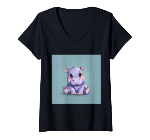 Damen Niedliches Cartoon-Nilpferd im Chibi-Stil süßes Baby-Nilpfer T-Shirt mit V-Ausschnitt von Design Hippopotamus cute theme