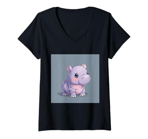 Damen Niedliches Cartoon-Nilpferd im Chibi-Stil süßes Baby-Nilpfer T-Shirt mit V-Ausschnitt Damen Niedliches Cartoon-Nilpferd im Chibi-Stil süßes Baby-Nilpfer T-Shirt mit V-Ausschnitt von Design Hippopotamus cute theme