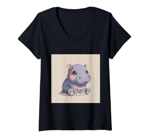 Damen Niedliches Cartoon-Nilpferd im Chibi-Stil süßes Baby-Nilpfer T-Shirt mit V-Ausschnitt Damen Niedliches Cartoon-Nilpferd im Chibi-Stil süßes Baby-Nilpfer T-Shirt mit V-Ausschnitt von Design Hippopotamus cute theme