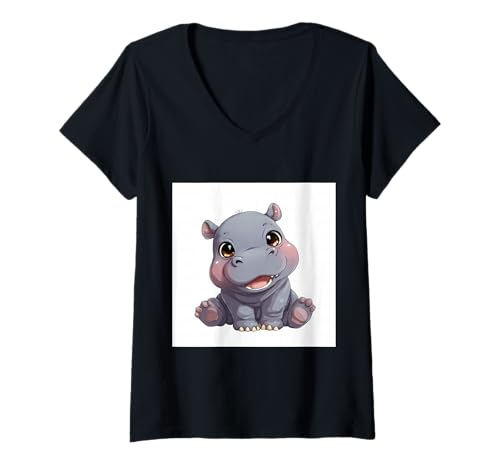 Damen Niedliches Cartoon-Nilpferd im Chibi-Stil süßes Baby-Nilpfer T-Shirt mit V-Ausschnitt Damen Niedliches Cartoon-Nilpferd im Chibi-Stil süßes Baby-Nilpfer T-Shirt mit V-Ausschnitt von Design Hippopotamus cute theme