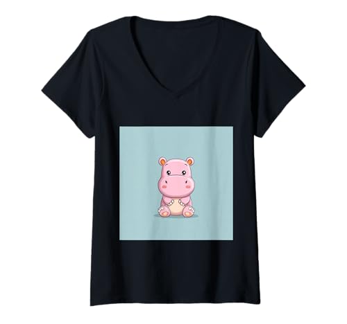 Damen Niedliches Cartoon-Nilpferd im Chibi-Stil süßes Baby-Nilpfer T-Shirt mit V-Ausschnitt Damen Niedliches Cartoon-Nilpferd im Chibi-Stil süßes Baby-Nilpfer T-Shirt mit V-Ausschnitt von Design Hippopotamus cute theme