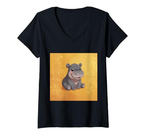 Damen Niedliches Cartoon-Nilpferd im Chibi-Stil süßes Baby-Nilpfer T-Shirt mit V-Ausschnitt Damen Niedliches Cartoon-Nilpferd im Chibi-Stil süßes Baby-Nilpfer T-Shirt mit V-Ausschnitt von Design Hippopotamus cute theme