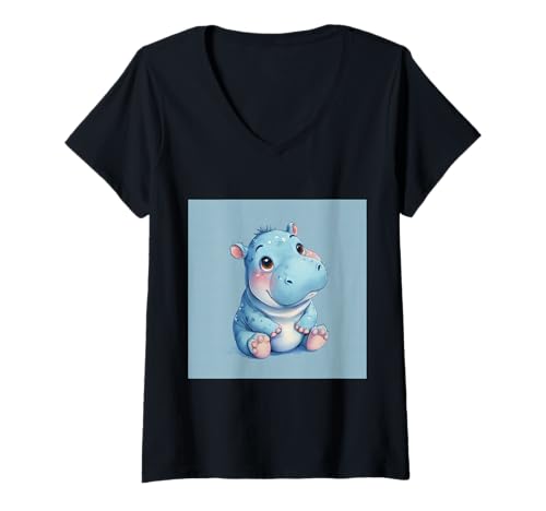 Damen Niedliches Cartoon-Nilpferd im Chibi-Stil süßes Baby-Nilpfer T-Shirt mit V-Ausschnitt Damen Niedliches Cartoon-Nilpferd im Chibi-Stil süßes Baby-Nilpfer T-Shirt mit V-Ausschnitt von Design Hippopotamus cute theme
