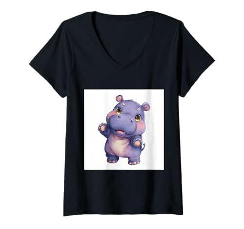 Damen Niedliches Cartoon-Nilpferd im Chibi-Stil süßes Baby-Nilpfer T-Shirt mit V-Ausschnitt Damen Niedliches Cartoon-Nilpferd im Chibi-Stil süßes Baby-Nilpfer T-Shirt mit V-Ausschnitt von Design Hippopotamus cute theme