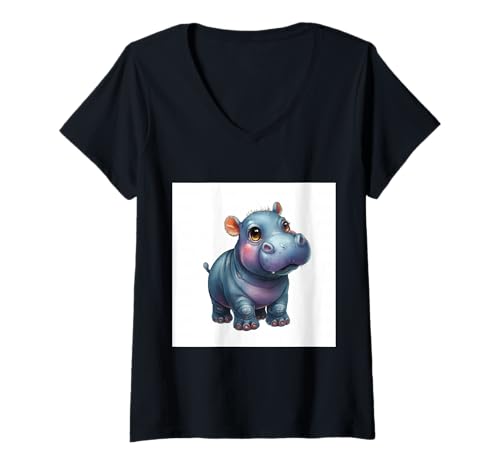 Damen Niedliches Cartoon-Nilpferd im Chibi-Stil süßes Baby-Nilpfer T-Shirt mit V-Ausschnitt Damen Niedliches Cartoon-Nilpferd im Chibi-Stil süßes Baby-Nilpfer T-Shirt mit V-Ausschnitt von Design Hippopotamus cute theme