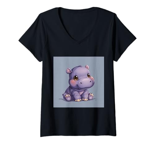 Damen Niedliches Cartoon-Nilpferd im Chibi-Stil süßes Baby-Nilpfer T-Shirt mit V-Ausschnitt Damen Niedliches Cartoon-Nilpferd im Chibi-Stil süßes Baby-Nilpfer T-Shirt mit V-Ausschnitt von Design Hippopotamus cute theme