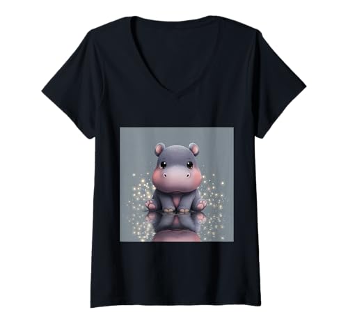Damen Niedliches Cartoon-Nilpferd im Chibi-Stil süßes Baby-Nilpfer T-Shirt mit V-Ausschnitt Damen Niedliches Cartoon-Nilpferd im Chibi-Stil süßes Baby-Nilpfer T-Shirt mit V-Ausschnitt von Design Hippopotamus cute theme