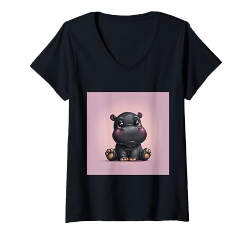 Damen Niedliches Cartoon-Nilpferd im Chibi-Stil süßes Baby-Nilpfer T-Shirt mit V-Ausschnitt Damen Niedliches Cartoon-Nilpferd im Chibi-Stil süßes Baby-Nilpfer T-Shirt mit V-Ausschnitt von Design Hippopotamus cute theme