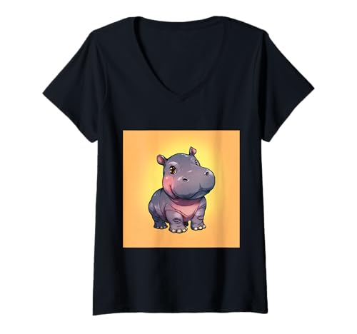 Damen Niedliches Cartoon-Nilpferd im Chibi-Stil süßes Baby-Nilpfer T-Shirt mit V-Ausschnitt Damen Niedliches Cartoon-Nilpferd im Chibi-Stil süßes Baby-Nilpfer T-Shirt mit V-Ausschnitt von Design Hippopotamus cute theme
