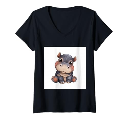 Damen Niedliches Cartoon-Nilpferd im Chibi-Stil süßes Baby-Nilpfer T-Shirt mit V-Ausschnitt von Design Hippopotamus cute theme