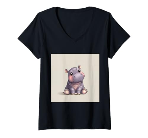 Damen Niedliches Cartoon-Nilpferd im Chibi-Stil süßes Baby-Nilpfer T-Shirt mit V-Ausschnitt Damen Niedliches Cartoon-Nilpferd im Chibi-Stil süßes Baby-Nilpfer T-Shirt mit V-Ausschnitt von Design Hippopotamus cute theme