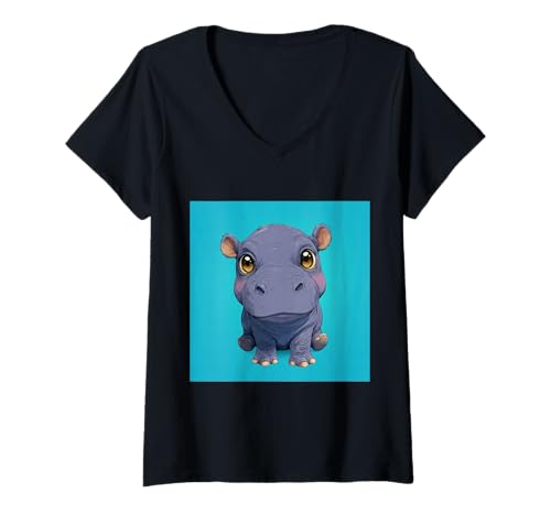 Damen Niedliches Cartoon-Nilpferd im Chibi-Stil süßes Baby-Nilpfer T-Shirt mit V-Ausschnitt Damen Niedliches Cartoon-Nilpferd im Chibi-Stil süßes Baby-Nilpfer T-Shirt mit V-Ausschnitt von Design Hippopotamus cute theme