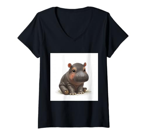 Damen Niedliches Cartoon-Nilpferd im Chibi-Stil süßes Baby-Nilpfer T-Shirt mit V-Ausschnitt von Design Hippopotamus cute theme