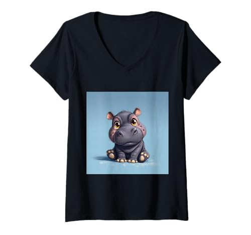 Damen Niedliches Cartoon-Nilpferd im Chibi-Stil süßes Baby-Nilpfer T-Shirt mit V-Ausschnitt Damen Niedliches Cartoon-Nilpferd im Chibi-Stil süßes Baby-Nilpfer T-Shirt mit V-Ausschnitt von Design Hippopotamus cute theme