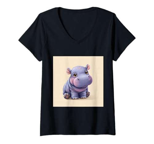Damen Niedliches Cartoon-Nilpferd im Chibi-Stil süßes Baby-Nilpfer T-Shirt mit V-Ausschnitt von Design Hippopotamus cute theme