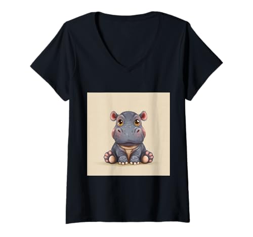 Damen Niedliches Cartoon-Nilpferd im Chibi-Stil süßes Baby-Nilpfer T-Shirt mit V-Ausschnitt Damen Niedliches Cartoon-Nilpferd im Chibi-Stil süßes Baby-Nilpfer T-Shirt mit V-Ausschnitt von Design Hippopotamus cute theme