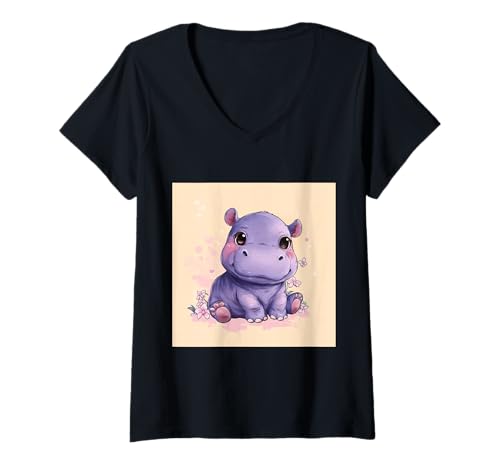Damen Niedliches Cartoon-Nilpferd im Chibi-Stil süßes Baby-Nilpfer T-Shirt mit V-Ausschnitt Damen Niedliches Cartoon-Nilpferd im Chibi-Stil süßes Baby-Nilpfer T-Shirt mit V-Ausschnitt von Design Hippopotamus cute theme