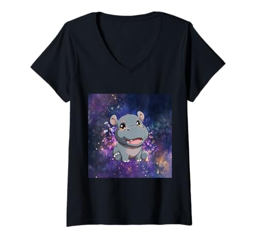 Damen Niedliches Cartoon-Nilpferd im Chibi-Stil süßes Baby-Nilpfer T-Shirt mit V-Ausschnitt Damen Niedliches Cartoon-Nilpferd im Chibi-Stil süßes Baby-Nilpfer T-Shirt mit V-Ausschnitt von Design Hippopotamus cute theme