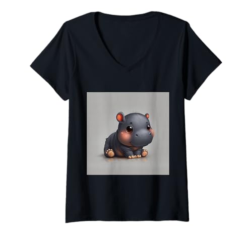 Damen Niedliches Cartoon-Nilpferd im Chibi-Stil süßes Baby-Nilpfer T-Shirt mit V-Ausschnitt Damen Niedliches Cartoon-Nilpferd im Chibi-Stil süßes Baby-Nilpfer T-Shirt mit V-Ausschnitt von Design Hippopotamus cute theme