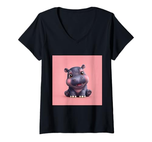 Damen Niedliches Cartoon-Nilpferd im Chibi-Stil süßes Baby-Nilpfer T-Shirt mit V-Ausschnitt Damen Niedliches Cartoon-Nilpferd im Chibi-Stil süßes Baby-Nilpfer T-Shirt mit V-Ausschnitt von Design Hippopotamus cute theme