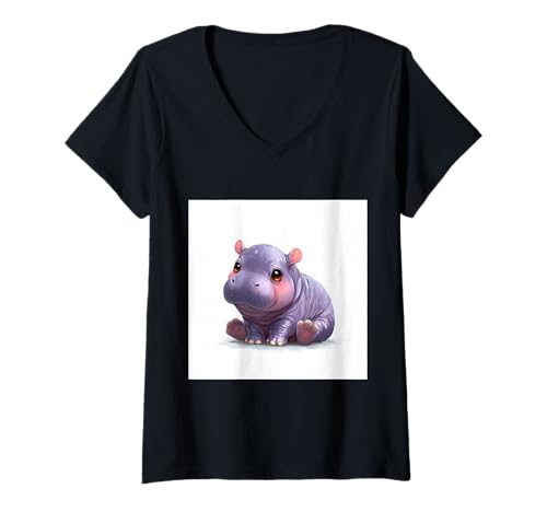 Damen Niedliches Cartoon-Nilpferd im Chibi-Stil süßes Baby-Nilpfer T-Shirt mit V-Ausschnitt von Design Hippopotamus cute theme