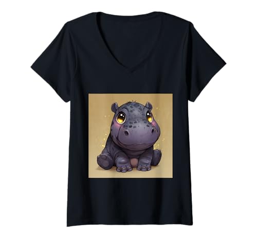 Damen Niedliches Cartoon-Nilpferd im Chibi-Stil süßes Baby-Nilpfer T-Shirt mit V-Ausschnitt Damen Niedliches Cartoon-Nilpferd im Chibi-Stil süßes Baby-Nilpfer T-Shirt mit V-Ausschnitt von Design Hippopotamus cute theme
