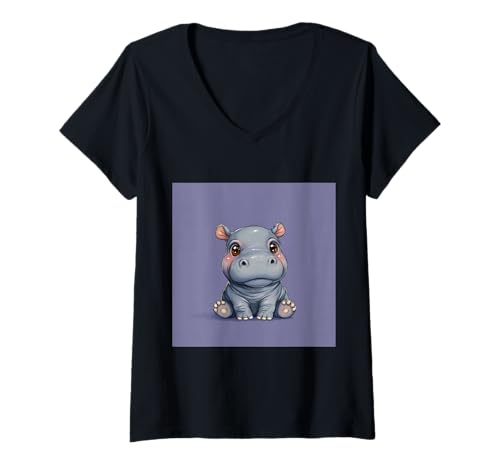 Damen Niedliches Cartoon-Nilpferd im Chibi-Stil süßes Baby-Nilpfer T-Shirt mit V-Ausschnitt Damen Niedliches Cartoon-Nilpferd im Chibi-Stil süßes Baby-Nilpfer T-Shirt mit V-Ausschnitt von Design Hippopotamus cute theme