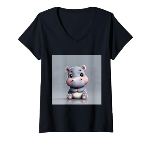 Damen Niedliches Cartoon-Nilpferd im Chibi-Stil süßes Baby-Nilpfer T-Shirt mit V-Ausschnitt Damen Niedliches Cartoon-Nilpferd im Chibi-Stil süßes Baby-Nilpfer T-Shirt mit V-Ausschnitt von Design Hippopotamus cute theme