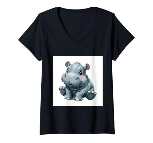Damen Niedliches Cartoon-Nilpferd im Chibi-Stil süßes Baby-Nilpfer T-Shirt mit V-Ausschnitt Damen Niedliches Cartoon-Nilpferd im Chibi-Stil süßes Baby-Nilpfer T-Shirt mit V-Ausschnitt von Design Hippopotamus cute theme