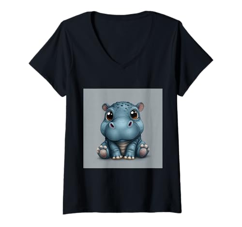 Damen Niedliches Cartoon-Nilpferd im Chibi-Stil süßes Baby-Nilpfer T-Shirt mit V-Ausschnitt Damen Niedliches Cartoon-Nilpferd im Chibi-Stil süßes Baby-Nilpfer T-Shirt mit V-Ausschnitt von Design Hippopotamus cute theme