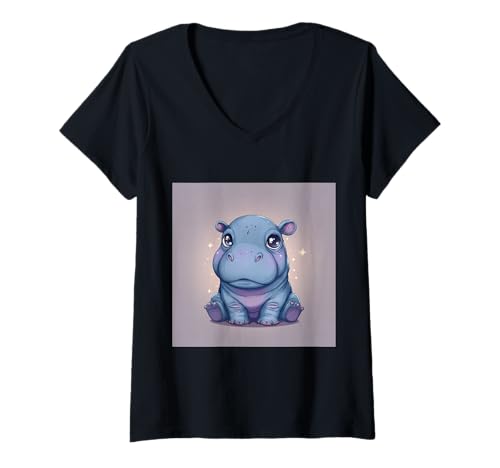 Damen Niedliches Cartoon-Nilpferd im Chibi-Stil süßes Baby-Nilpfer T-Shirt mit V-Ausschnitt Damen Niedliches Cartoon-Nilpferd im Chibi-Stil süßes Baby-Nilpfer T-Shirt mit V-Ausschnitt von Design Hippopotamus cute theme