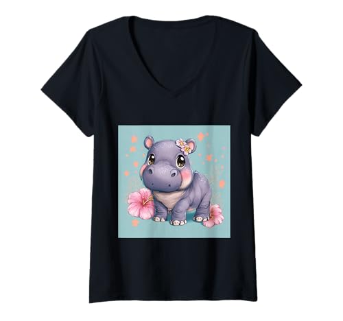 Damen Niedliches Cartoon-Nilpferd im Chibi-Stil süßes Baby-Nilpfer T-Shirt mit V-Ausschnitt von Design Hippopotamus cute theme