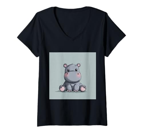 Damen Niedliches Cartoon-Nilpferd im Chibi-Stil süßes Baby-Nilpfer T-Shirt mit V-Ausschnitt Damen Niedliches Cartoon-Nilpferd im Chibi-Stil süßes Baby-Nilpfer T-Shirt mit V-Ausschnitt von Design Hippopotamus cute theme