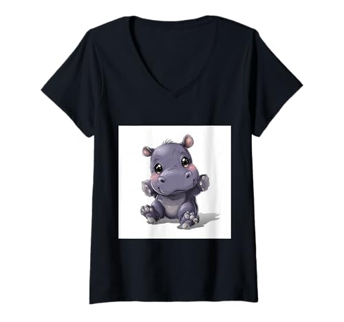 Damen Niedliches Cartoon-Nilpferd im Chibi-Stil süßes Baby-Nilpfer T-Shirt mit V-Ausschnitt von Design Hippopotamus cute theme