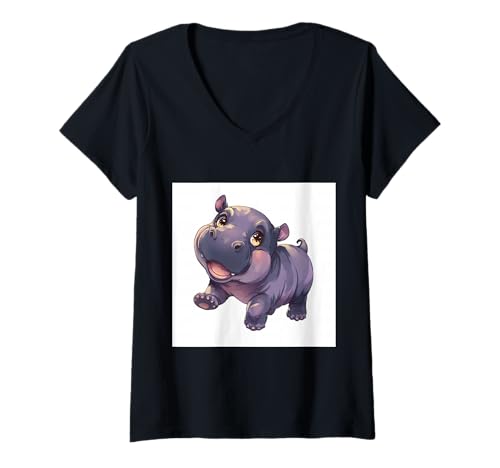 Damen Niedliches Cartoon-Nilpferd im Chibi-Stil süßes Baby-Nilpfer T-Shirt mit V-Ausschnitt Damen Niedliches Cartoon-Nilpferd im Chibi-Stil süßes Baby-Nilpfer T-Shirt mit V-Ausschnitt von Design Hippopotamus cute theme