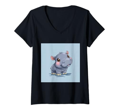 Damen Niedliches Cartoon-Nilpferd im Chibi-Stil süßes Baby-Nilpfer T-Shirt mit V-Ausschnitt Damen Niedliches Cartoon-Nilpferd im Chibi-Stil süßes Baby-Nilpfer T-Shirt mit V-Ausschnitt von Design Hippopotamus cute theme
